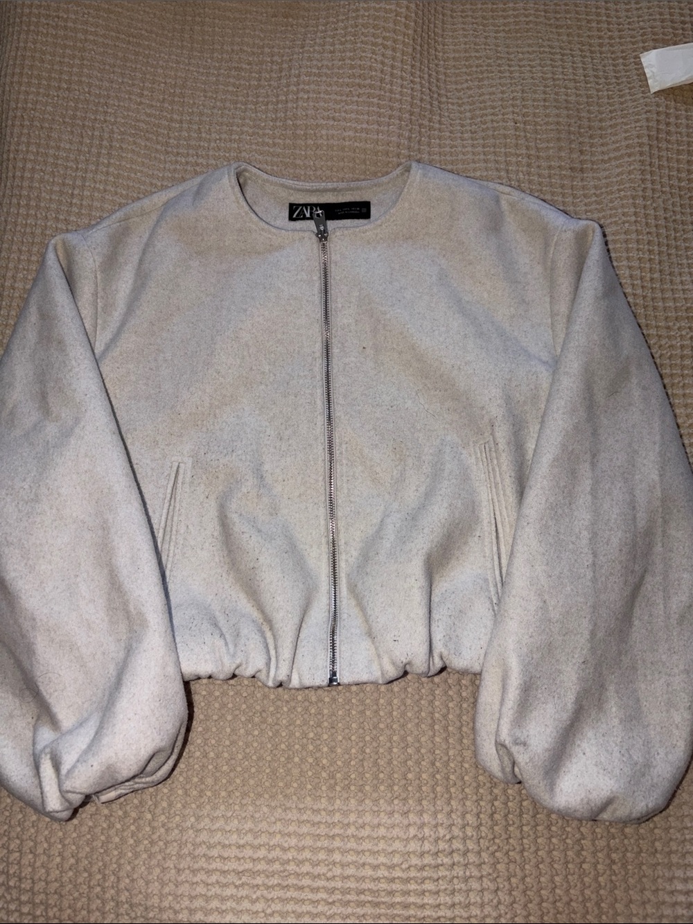 Zara Cream Bomber Jacket - Cropped Zip Front